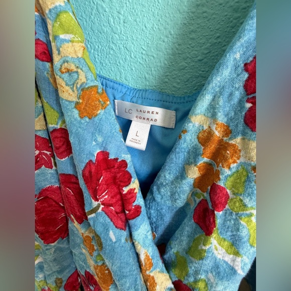 🌹 LC Lauren Conrad Red and Blue Tiered Wrap Midi Dress - Picture 4 of 7